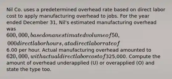 Nil Co. uses a predetermined overhead rate based on direct labor cost to apply manufacturing overhead to jobs. For the year ended December 31, Nil's estimated manufacturing overhead was 600,000, based on an estimated volume of 50,000 direct labor hours, at a direct labor rate of6.00 per hour. Actual manufacturing overhead amounted to 620,000, with actual direct labor cost of325,000. Compute the amount of overhead underapplied (U) or overapplied (O) and state the type too.