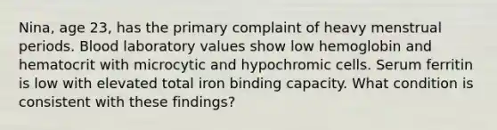 Nina, age 23, has the primary complaint of heavy menstrual periods. Blood laboratory values show low hemoglobin and hematocrit with microcytic and hypochromic cells. Serum ferritin is low with elevated total iron binding capacity. What condition is consistent with these findings?