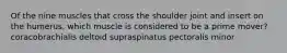 Of the nine muscles that cross the shoulder joint and insert on the humerus, which muscle is considered to be a prime mover? coracobrachialis deltoid supraspinatus pectoralis minor