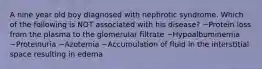 A nine year old boy diagnosed with nephrotic syndrome. Which of the following is NOT associated with his disease? ~Protein loss from the plasma to the glomerular filtrate ~Hypoalbuminemia ~Proteinuria ~Azotemia ~Accumulation of fluid in the interstitial space resulting in edema