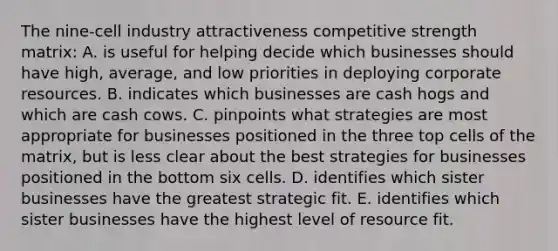 The nine-cell industry attractiveness competitive strength matrix: A. is useful for helping decide which businesses should have high, average, and low priorities in deploying corporate resources. B. indicates which businesses are cash hogs and which are cash cows. C. pinpoints what strategies are most appropriate for businesses positioned in the three top cells of the matrix, but is less clear about the best strategies for businesses positioned in the bottom six cells. D. identifies which sister businesses have the greatest strategic fit. E. identifies which sister businesses have the highest level of resource fit.