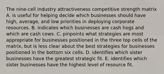 The nine-cell industry attractiveness competitive strength matrix A. is useful for helping decide which businesses should have high, average, and low priorities in deploying corporate resources. B. indicates which businesses are cash hogs and which are cash cows. C. pinpoints what strategies are most appropriate for businesses positioned in the three top cells of the matrix, but is less clear about the best strategies for businesses positioned in the bottom six cells. D. identifies which sister businesses have the greatest strategic fit. E. identifies which sister businesses have the highest level of resource fit.