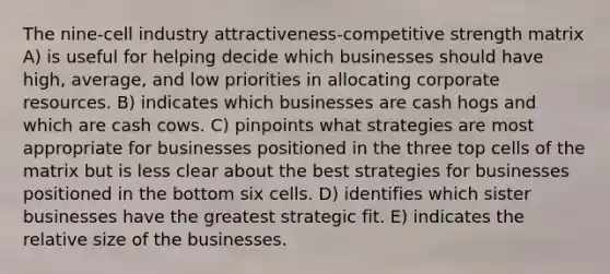 The nine-cell industry attractiveness-competitive strength matrix A) is useful for helping decide which businesses should have high, average, and low priorities in allocating corporate resources. B) indicates which businesses are cash hogs and which are cash cows. C) pinpoints what strategies are most appropriate for businesses positioned in the three top cells of the matrix but is less clear about the best strategies for businesses positioned in the bottom six cells. D) identifies which sister businesses have the greatest strategic fit. E) indicates the relative size of the businesses.