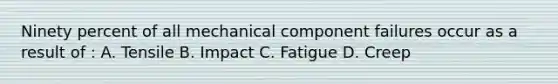 Ninety percent of all mechanical component failures occur as a result of : A. Tensile B. Impact C. Fatigue D. Creep