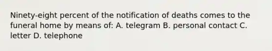 Ninety-eight percent of the notification of deaths comes to the funeral home by means of: A. telegram B. personal contact C. letter D. telephone