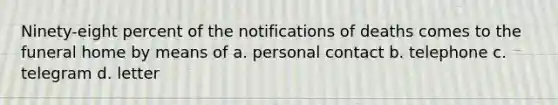 Ninety-eight percent of the notifications of deaths comes to the funeral home by means of a. personal contact b. telephone c. telegram d. letter