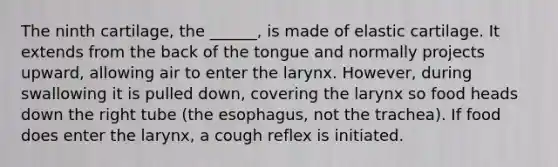 The ninth cartilage, the ______, is made of elastic cartilage. It extends from the back of the tongue and normally projects upward, allowing air to enter the larynx. However, during swallowing it is pulled down, covering the larynx so food heads down the right tube (the esophagus, not the trachea). If food does enter the larynx, a cough reflex is initiated.