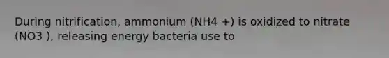 During nitrification, ammonium (NH4 +) is oxidized to nitrate (NO3 ), releasing energy bacteria use to