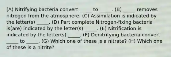 (A) Nitrifying bacteria convert _____ to _____. (B) _____ removes nitrogen from the atmosphere. (C) Assimilation is indicated by the letter(s) _____. (D) Part complete Nitrogen-fixing bacteria is(are) indicated by the letter(s) _____. (E) Nitrification is indicated by the letter(s) _____. (F) Denitrifying bacteria convert _____ to _____. (G) Which one of these is a nitrate? (H) Which one of these is a nitrite?