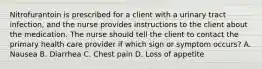 Nitrofurantoin is prescribed for a client with a urinary tract infection, and the nurse provides instructions to the client about the medication. The nurse should tell the client to contact the primary health care provider if which sign or symptom occurs? A. Nausea B. Diarrhea C. Chest pain D. Loss of appetite