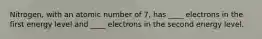 Nitrogen, with an atomic number of 7, has ____ electrons in the first energy level and ____ electrons in the second energy level.