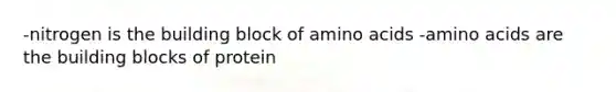 -nitrogen is the building block of <a href='https://www.questionai.com/knowledge/k9gb720LCl-amino-acids' class='anchor-knowledge'>amino acids</a> -amino acids are the building blocks of protein