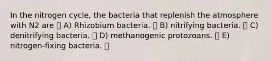 In the nitrogen cycle, the bacteria that replenish the atmosphere with N2 are A) Rhizobium bacteria. B) nitrifying bacteria. C) denitrifying bacteria. D) methanogenic protozoans. E) nitrogen-fixing bacteria.