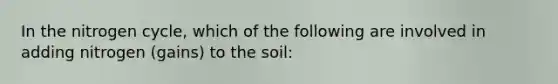 In <a href='https://www.questionai.com/knowledge/kbs8ipDdy2-the-nitrogen-cycle' class='anchor-knowledge'>the nitrogen cycle</a>, which of the following are involved in adding nitrogen (gains) to the soil: