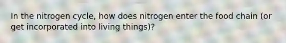 In the nitrogen cycle, how does nitrogen enter the food chain (or get incorporated into living things)?