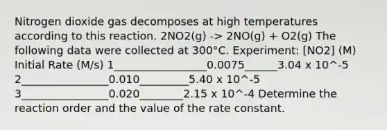 Nitrogen dioxide gas decomposes at high temperatures according to this reaction. 2NO2(g) -> 2NO(g) + O2(g) The following data were collected at 300°C. Experiment: [NO2] (M) Initial Rate (M/s) 1_________________0.0075______3.04 x 10^-5 2________________0.010_________5.40 x 10^-5 3________________0.020________2.15 x 10^-4 Determine the reaction order and the value of the rate constant.