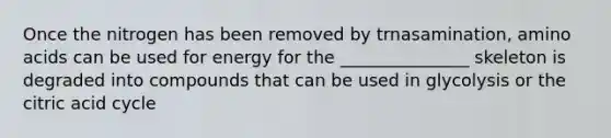 Once the nitrogen has been removed by trnasamination, amino acids can be used for energy for the _______________ skeleton is degraded into compounds that can be used in glycolysis or the citric acid cycle