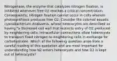 Nitrogenase, the enzyme that catalyzes nitrogen fixation, is inhibited whenever free O2 reaches a critical concentration. Consequently, nitrogen fixation cannot occur in cells wherein photosynthesis produces free O2. Consider the colonial aquatic cyanobacterium Anabaena, whose heterocytes are described as having "a thickened cell wall that restricts entry of O2 produced by neighboring cells. Intracellular connections allow heterocysts to transport fixed nitrogen to neighboring cells in exchange for carbohydrates. Which of the following question arise from a careful reading of this quotation and are most important for understanding how N2 enters heterocysts and how O2 is kept out of heterocysts?