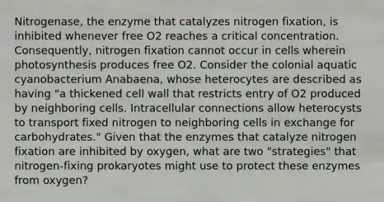 Nitrogenase, the enzyme that catalyzes nitrogen fixation, is inhibited whenever free O2 reaches a critical concentration. Consequently, nitrogen fixation cannot occur in cells wherein photosynthesis produces free O2. Consider the colonial aquatic cyanobacterium Anabaena, whose heterocytes are described as having "a thickened cell wall that restricts entry of O2 produced by neighboring cells. Intracellular connections allow heterocysts to transport fixed nitrogen to neighboring cells in exchange for carbohydrates." Given that the enzymes that catalyze nitrogen fixation are inhibited by oxygen, what are two "strategies" that nitrogen-fixing prokaryotes might use to protect these enzymes from oxygen?