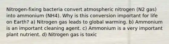 Nitrogen-fixing bacteria convert atmospheric nitrogen (N2 gas) into ammonium (NH4). Why is this conversion important for life on Earth? a) Nitrogen gas leads to global warming. b) Ammonium is an important cleaning agent. c) Ammonium is a very important plant nutrient. d) Nitrogen gas is toxic