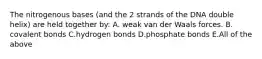 The nitrogenous bases (and the 2 strands of the DNA double helix) are held together by: A. weak van der Waals forces. B. covalent bonds C.hydrogen bonds D.phosphate bonds E.All of the above