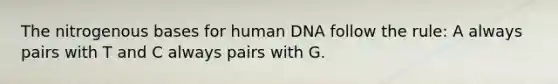 The nitrogenous bases for human DNA follow the rule: A always pairs with T and C always pairs with G.​