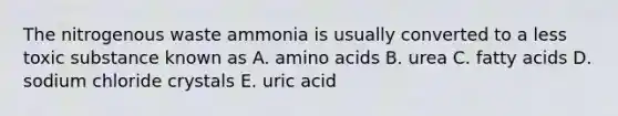 The nitrogenous waste ammonia is usually converted to a less toxic substance known as A. amino acids B. urea C. fatty acids D. sodium chloride crystals E. uric acid