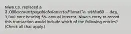 Niwa Co. replaced a 3,000 account payable balance to Fiona Co. with a 60-day,3,000 note bearing 5% annual interest. Niwa's entry to record this transaction would include which of the following entries? (Check all that apply.)