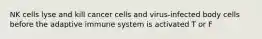 NK cells lyse and kill cancer cells and virus-infected body cells before the adaptive immune system is activated T or F