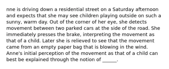 nne is driving down a residential street on a Saturday afternoon and expects that she may see children playing outside on such a sunny, warm day. Out of the corner of her eye, she detects movement between two parked cars at the side of the road. She immediately presses the brake, interpreting the movement as that of a child. Later she is relieved to see that the movement came from an empty paper bag that is blowing in the wind. Anne's initial perception of the movement as that of a child can best be explained through the notion of ______.