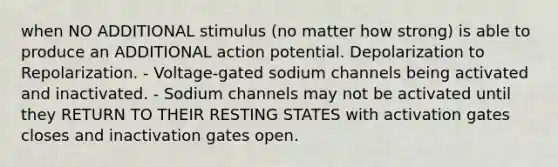 when NO ADDITIONAL stimulus (no matter how strong) is able to produce an ADDITIONAL action potential. Depolarization to Repolarization. - Voltage-gated sodium channels being activated and inactivated. - Sodium channels may not be activated until they RETURN TO THEIR RESTING STATES with activation gates closes and inactivation gates open.