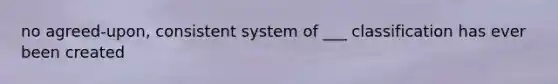 no agreed-upon, consistent system of ___ classification has ever been created