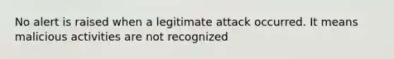 No alert is raised when a legitimate attack occurred. It means malicious activities are not recognized