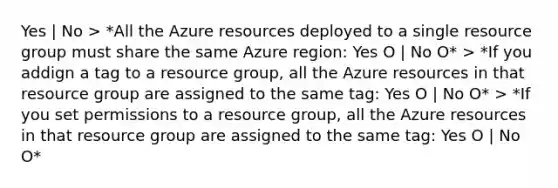 Yes | No > *All the Azure resources deployed to a single resource group must share the same Azure region: Yes O | No O* > *If you addign a tag to a resource group, all the Azure resources in that resource group are assigned to the same tag: Yes O | No O* > *If you set permissions to a resource group, all the Azure resources in that resource group are assigned to the same tag: Yes O | No O*