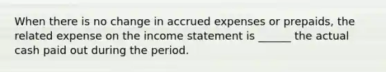 When there is no change in accrued expenses or prepaids, the related expense on the income statement is ______ the actual cash paid out during the period.