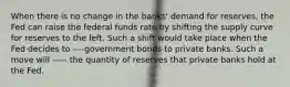 When there is no change in the​ banks' demand for​ reserves, the Fed can raise the federal funds rate by shifting the supply curve for reserves to the left. Such a shift would take place when the Fed decides to ----government bonds to private banks. Such a move will ----- the quantity of reserves that private banks hold at the Fed.