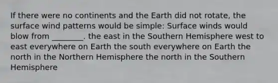 If there were no continents and the Earth did not rotate, the surface wind patterns would be simple: Surface winds would blow from ________. the east in the Southern Hemisphere west to east everywhere on Earth the south everywhere on Earth the north in the Northern Hemisphere the north in the Southern Hemisphere