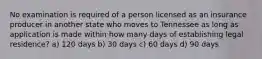 No examination is required of a person licensed as an insurance producer in another state who moves to Tennessee as long as application is made within how many days of establishing legal residence? a) 120 days b) 30 days c) 60 days d) 90 days