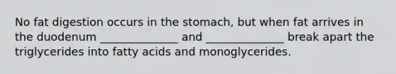 No fat digestion occurs in the stomach, but when fat arrives in the duodenum ______________ and ______________ break apart the triglycerides into fatty acids and monoglycerides.