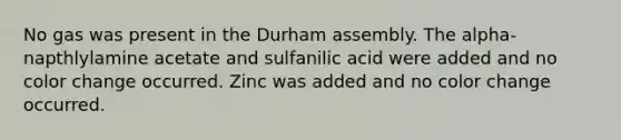 No gas was present in the Durham assembly. The alpha-napthlylamine acetate and sulfanilic acid were added and no color change occurred. Zinc was added and no color change occurred.