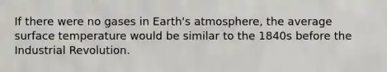 If there were no gases in Earth's atmosphere, the average surface temperature would be similar to the 1840s before the Industrial Revolution.