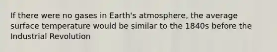 If there were no gases in <a href='https://www.questionai.com/knowledge/kRonPjS5DU-earths-atmosphere' class='anchor-knowledge'>earth's atmosphere</a>, the average <a href='https://www.questionai.com/knowledge/kkV3ggZUFU-surface-temperature' class='anchor-knowledge'>surface temperature</a> would be similar to the 1840s before the Industrial Revolution