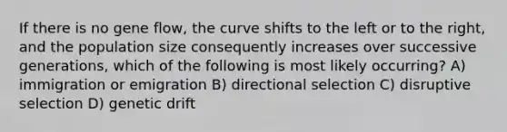 If there is no gene flow, the curve shifts to the left or to the right, and the population size consequently increases over successive generations, which of the following is most likely occurring? A) immigration or emigration B) directional selection C) disruptive selection D) genetic drift