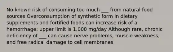 No known risk of consuming too much ___ from natural food sources Overconsumption of synthetic form in dietary supplements and fortified foods can increase risk of a hemorrhage: upper limit is 1,000 mg/day Although rare, chronic deficiency of ___ can cause nerve problems, muscle weakness, and free radical damage to cell membranes