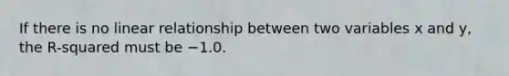 If there is no linear relationship between two variables x and y, the R-squared must be −1.0.