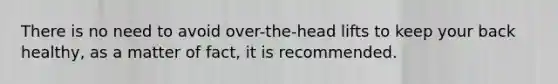 There is no need to avoid over-the-head lifts to keep your back healthy, as a matter of fact, it is recommended.