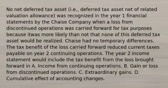 No net deferred tax asset (i.e., deferred tax asset net of related valuation allowance) was recognized in the year 1 financial statements by the Chaise Company when a loss from discontinued operations was carried forward for tax purposes because itwas more likely than not that none of this deferred tax asset would be realized. Chaise had no temporary differences. The tax benefit of the loss carried forward reduced current taxes payable on year 2 continuing operations. The year 2 income statement would include the tax benefit from the loss brought forward in A. Income from continuing operations. B. Gain or loss from discontinued operations. C. Extraordinary gains. D. Cumulative effect of accounting changes.