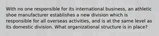 With no one responsible for its international business, an athletic shoe manufacturer establishes a new division which is responsible for all overseas activities, and is at the same level as its domestic division. What organizational structure is in place?