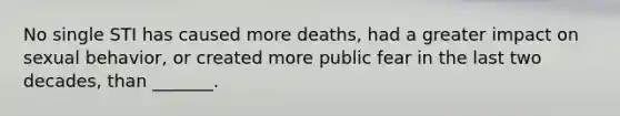 No single STI has caused more deaths, had a greater impact on sexual behavior, or created more public fear in the last two decades, than _______.