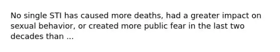 No single STI has caused more deaths, had a greater impact on sexual behavior, or created more public fear in the last two decades than ...